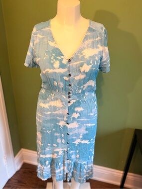 IVY Blue Tie-Dye Button-Front Midi Dress